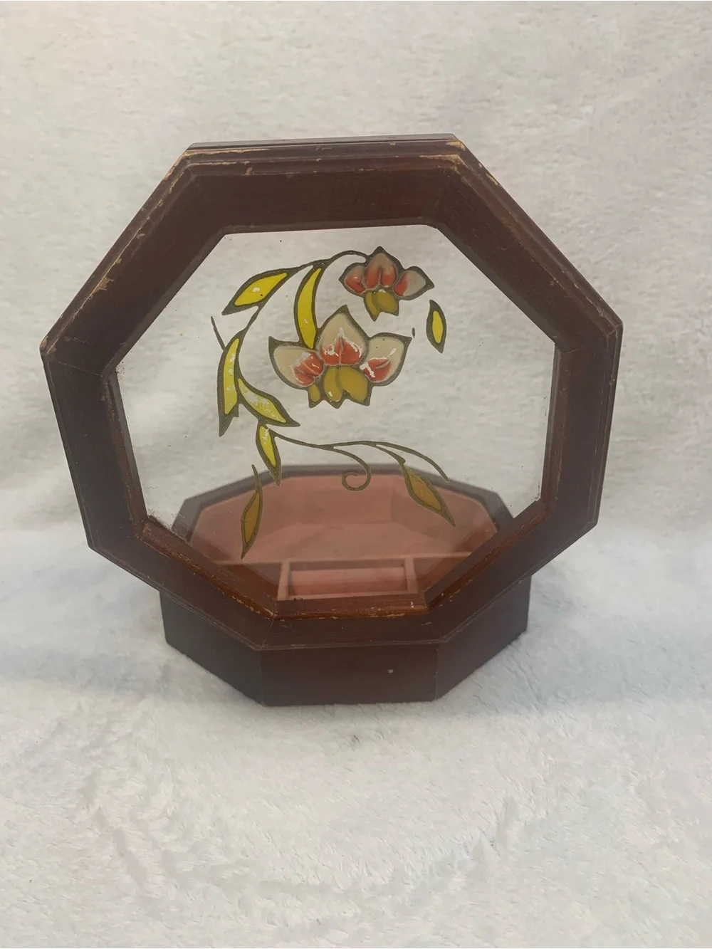 Cottagecore Grandma Octagonal Brown Floral Glass Jewelry Box - Velvet Inside